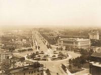 Aerial view of Logan Circle, the Parkway Central Library, and Philadelphia Art Museum, looking to the northwest, CA. 1929